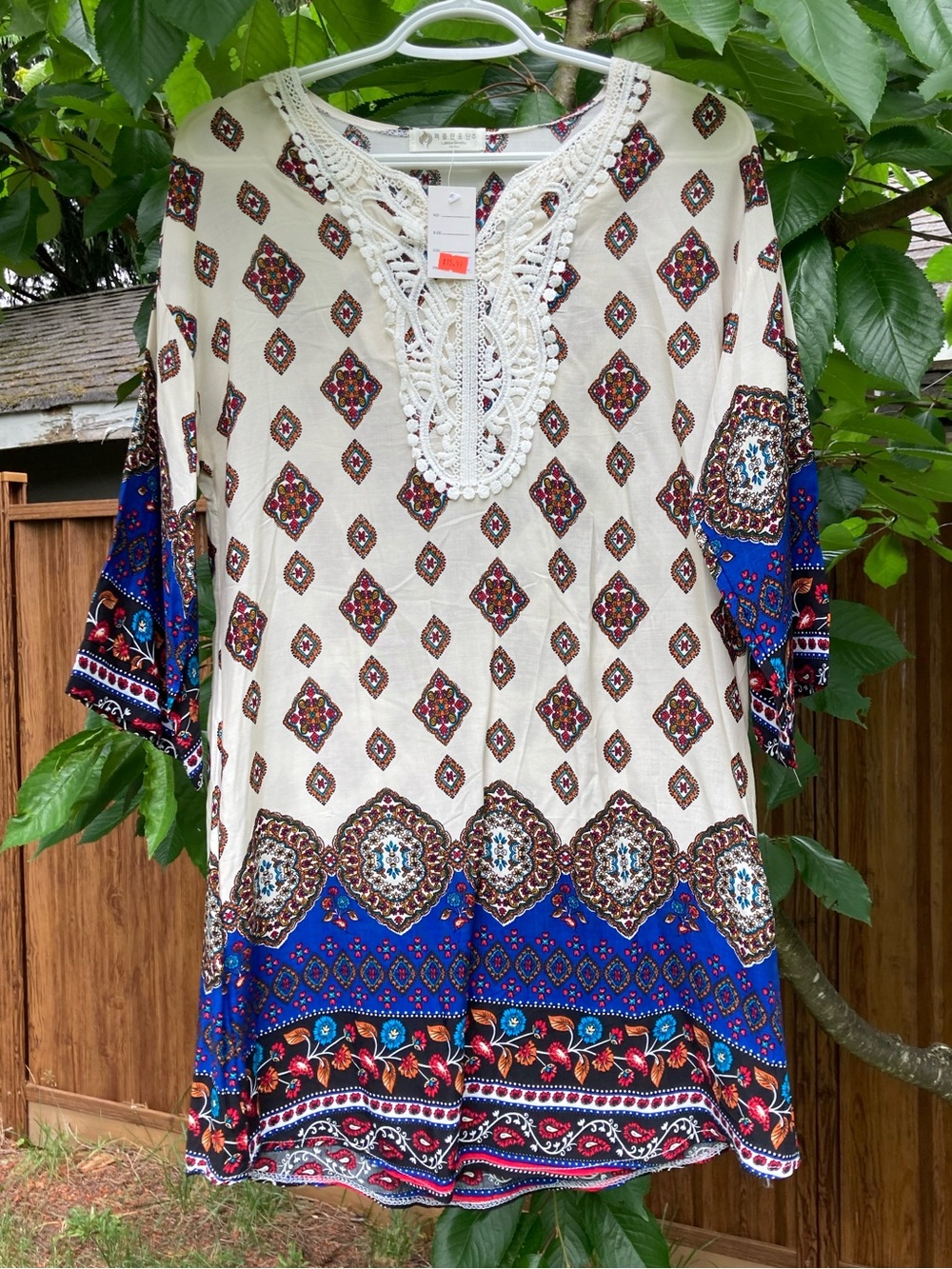 Cream & Blue Boho Tunic with Crochet Detail